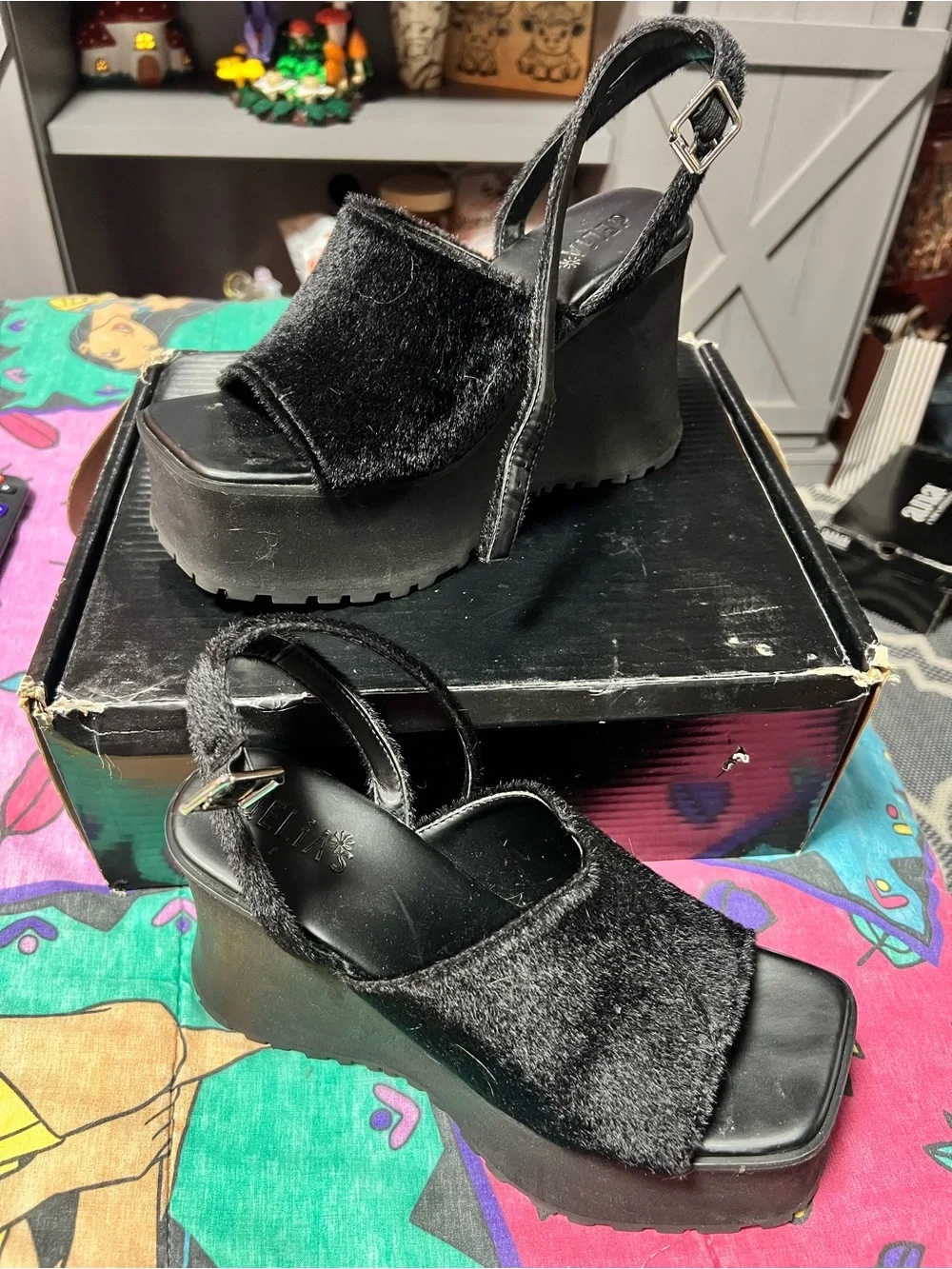 dELiA*s Black Faux-Fur Platform Wedge Sandals